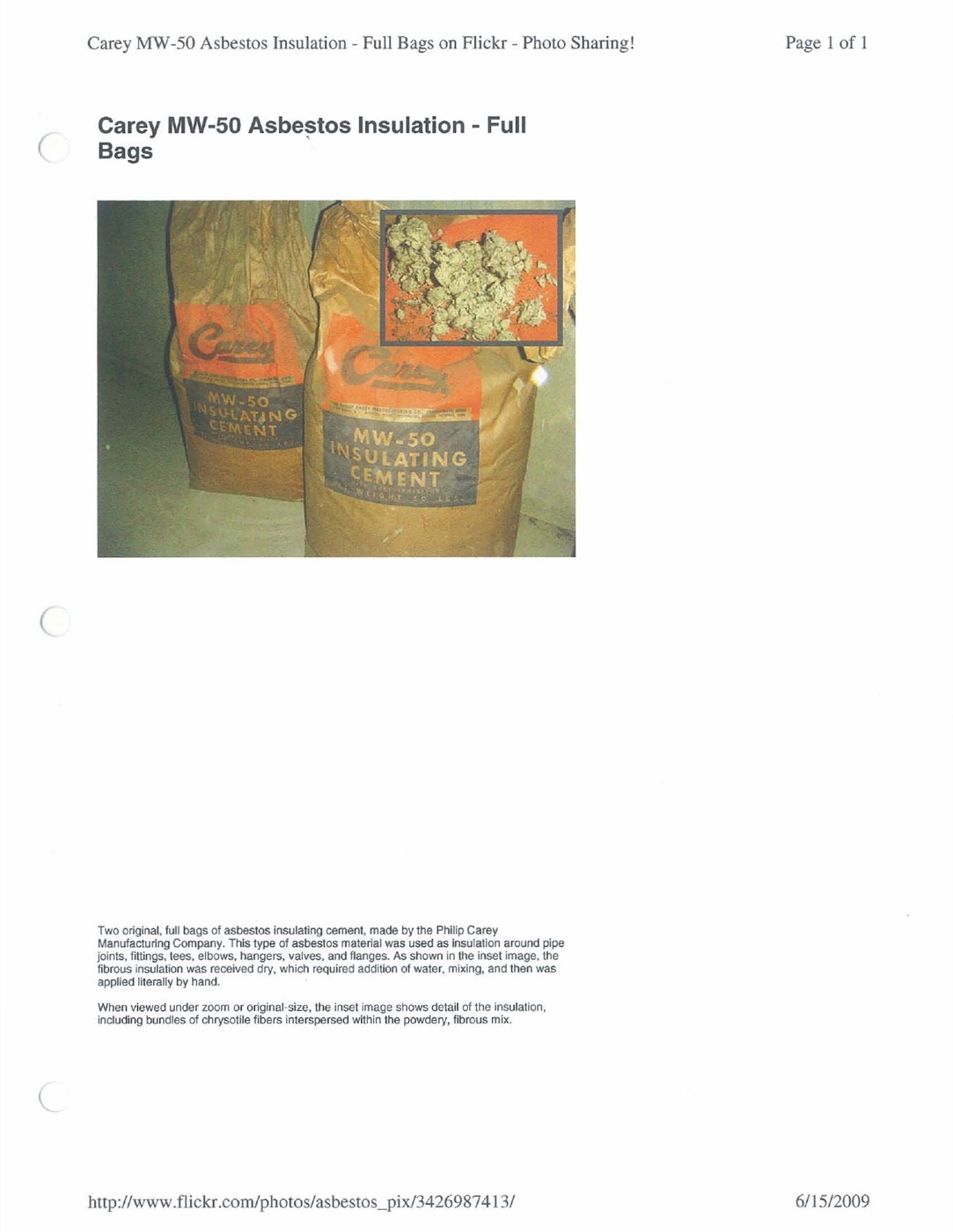 Philip Carey MW-50 asbestos cement bags