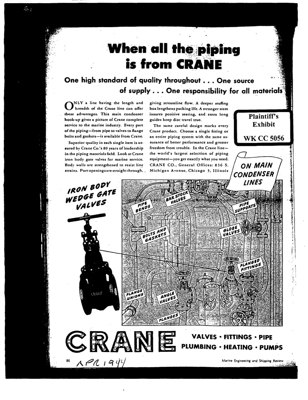 Crane Co. 1944 — iron body wedge gate valves